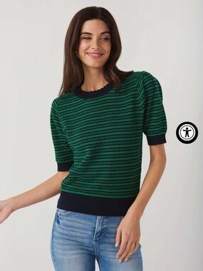 Pinch Green and Navy Striped Scalloped Crew Short-Sleeve Sweater